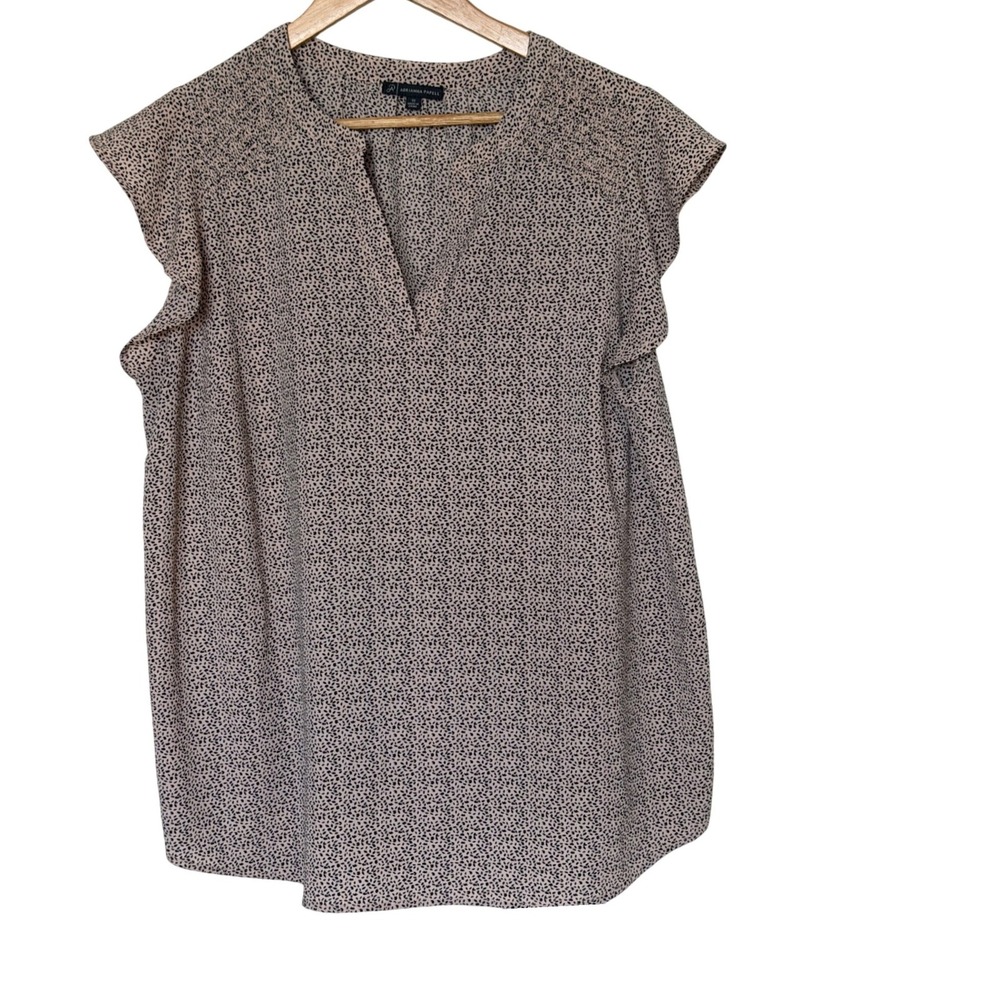 Adrianna Papell Blouse Womens 1X Mauve Black Flutter Sleeve Split Neck Dot Print